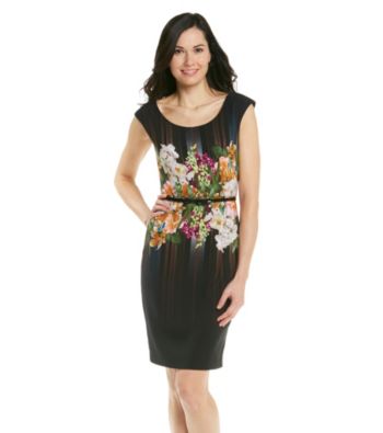 London Times® Petites' Floral Print Belted Sheath Dress