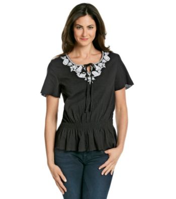 Notations® Tie Neck Embroidered Solid Peplum Top