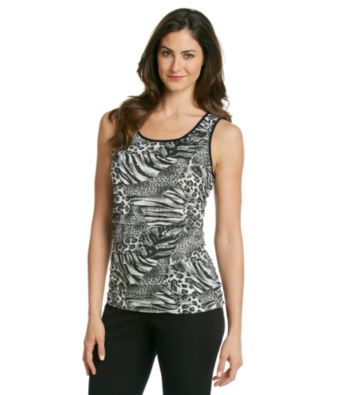 Notations® Scoopneck Ruffle Print Shimmer Shutter Top