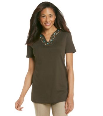 Rafaella® Brown Tee Embellished with Turquoise Beads