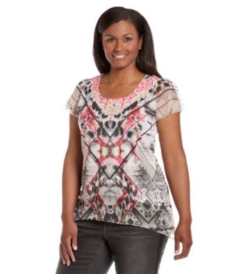 Oneworld® Plus Size Chiffon Hem Scoopneck Embellished Top