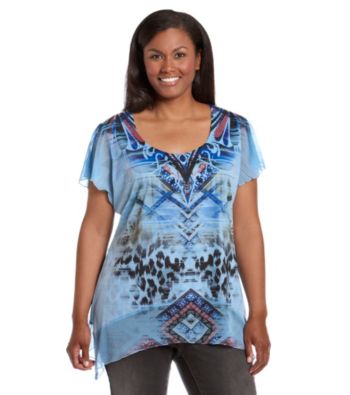 Oneworld® Plus Size Chiffon Hem Scoopneck Embellished Top