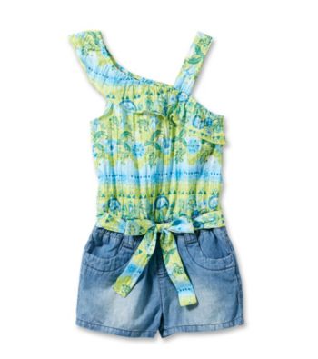 Squeeze® Girls' 4-6X Blue/Green One Shoulder Denim Ruffle Romper