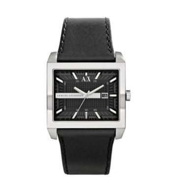 A|X Armani Exchange Men's Stainless Steel East West Watch with Black Leather Strap