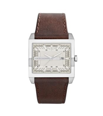 A|X Armani Exchange Men's Stainless Steel East West Watch with Brown Leather Strap