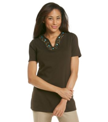 Rafaella® Petites' Notchneck Tee with Turquoise Beads