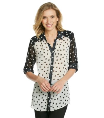 NY Collection Roll Tab Printed Woven Top