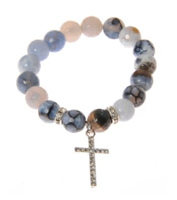 L&J Accessories Jet and White Fire Agate Bead Cross Stretch Bracelet