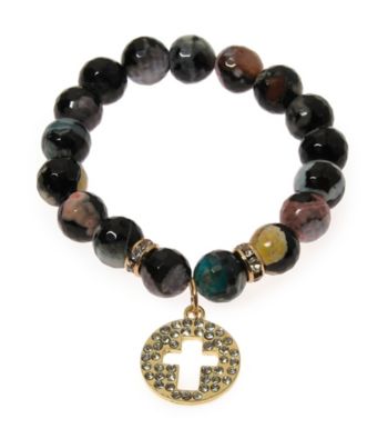L&J Accessories Multi Brown Fire Agate Bead with Cross Charm