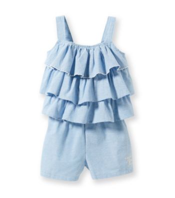 Calvin Klein Girls' 2T-6X Chambray Tiered Ruffle Romper