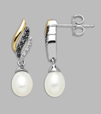 Sterling Silver and 14K Gold Freshwater Pearl Earrings With Black/White Diamonds