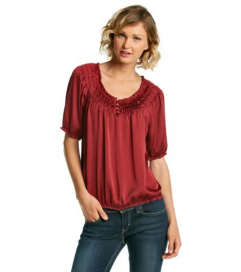 Notations® Smocked Neckline Solid Shirt