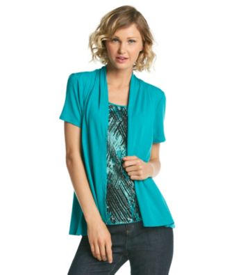 Notations® Solid Cardigan Attached Printed Cami Layered Look Top