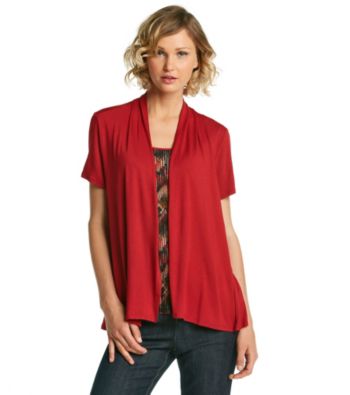 Notations® Solid Cardigan Attached Printed Cami Layered Look Top