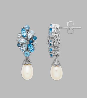 Freshwater Pearl & Blue Topaz Earrings in Sterling Silver