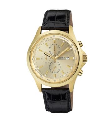 CitizenÂ® Quartz Men's Goldtone Chronograph Black Leather Strap Watch