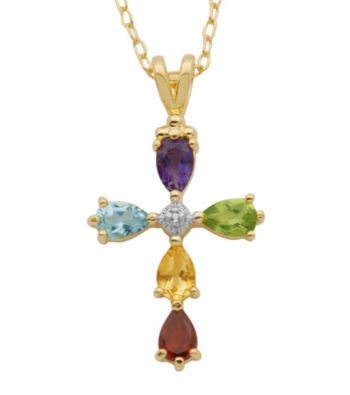 UPC 716825202818 product image for 18K Gold Over Bronze Multi Gemstone & Diamond Accent Cross Pendant Necklace | upcitemdb.com