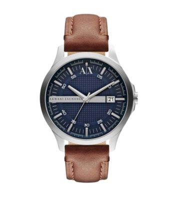 AX Armani Exchange Brown Leather Strap Watch with Blue Dial