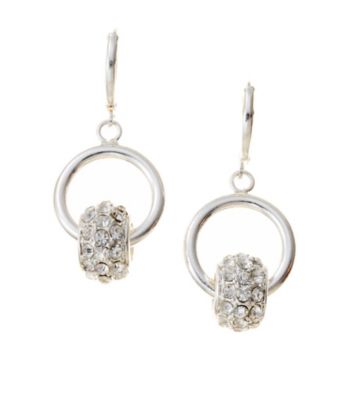 Nine West® Silvertone Leverback Drop Earrings with Simulated Crystal Roundel