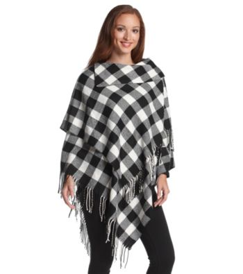 Steve Madden Cream Buffalo Check Split-Neck Poncho