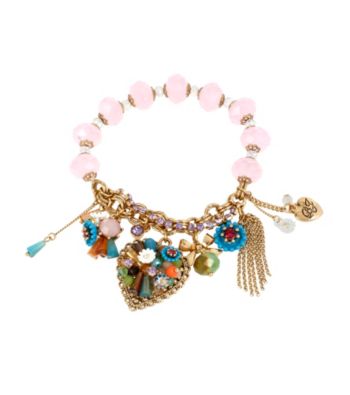 UPC 889295050101 product image for Betsey Johnson® Goldtone Mixed Bead & Flower Heart Charm Half Stretch Bracel | upcitemdb.com