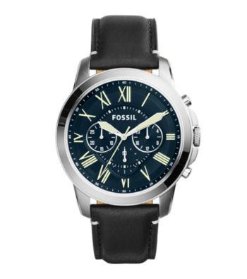 Fossil® Men's Grant Watch In Silvertone With Black Leather Strap