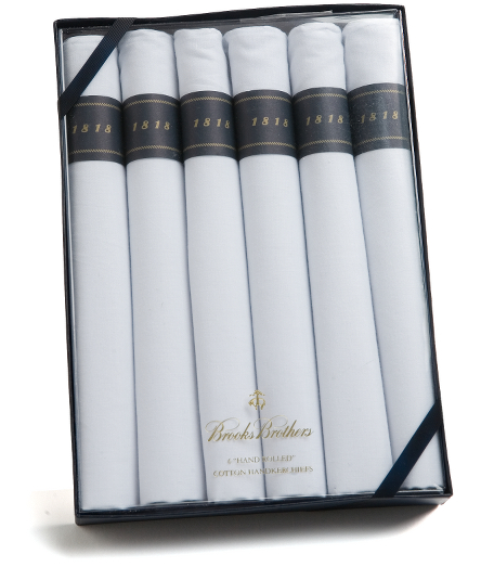 100% cotton. Six hand-rolled white handkerchiefs. 17 1/2" x 17 1/2". Imported.