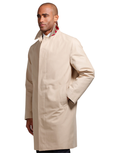 A classic car coat in an updated, modern length. Tailored in cotton woven in Italy. BB#1 tie pattern under collar. 38" center back length. Fully lined. Dry clean. Imported.
