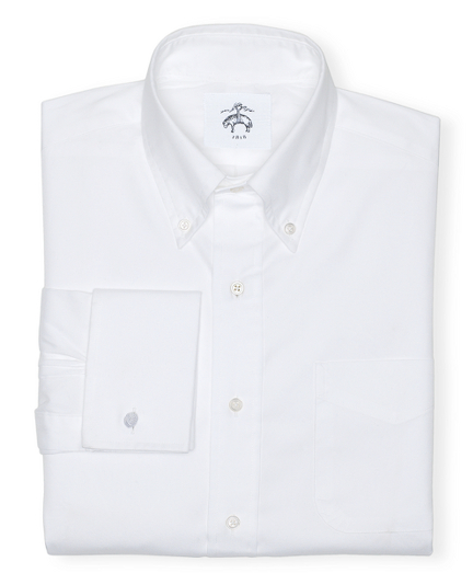 Pure cotton pinpoint. Button-down collar. French cuffs with silk knots. Side gussets. Mother-of-pearl buttons. Locker loop at back neck. Machine wash warm. Made in the USA.