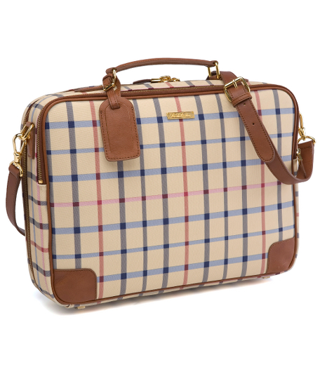 Signature tattersall vinyl treated to be water resistant and stain repellant.  Leather trim.  Golden Fleece� jacquard polyester lining.  Dual-zip closure with lock.  Inside zip pocket.  Two leather handles with an adjustable shoulder strap.  ID tag.  Length 17", width 4" and height 11". Clean with damp cloth.  Imported.