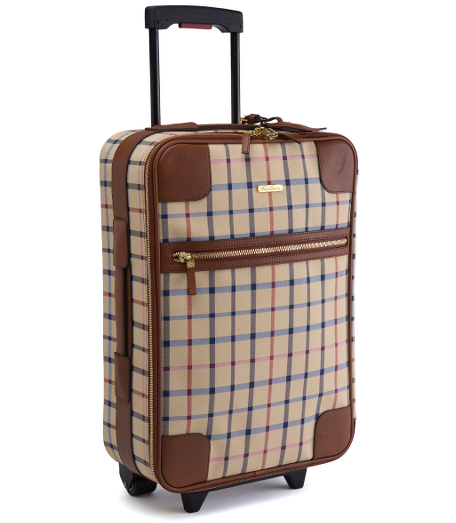 Signature tattersall vinyl treated to be water resistant and stain repellant.  Leather trim.  Golden Fleece� jacquard polyester lining.  Dual-zip luggage compartment with lock.  One front and two back zip pockets.  Leather handle.  Plastic expandable handle which attaches to computer bag for easy travel.  Id tag.  Two wheels in rear and two feet in front.  Length 20", width 6 1/2" and  height 14".  Clean with damp cloth.  Imported.