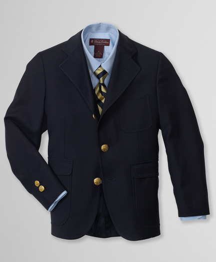 Loro Piana super 110s wool. Chest patch pocket. Brass buttons. Back center vent. Darted and slightly shaped through chest. Dry clean. Imported.