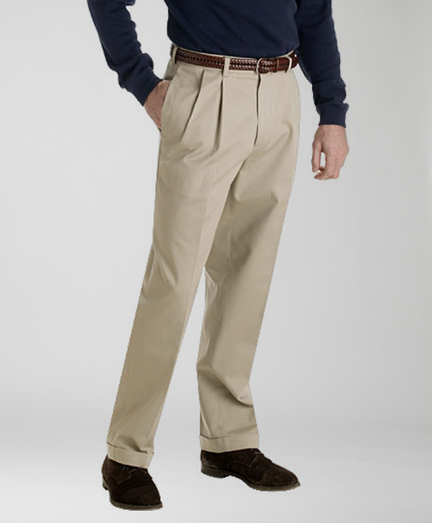 The essential dress chino is beautifully tailored in lightweight pure cotton twill with an ultrasoft hand. Constructed split waistband allows for easy alterations. On-seam side pockets. Back darts for a perfect fit. Double-pleat front. Unfinished hems. Dry clean. Imported.