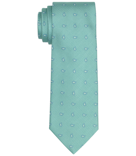 Pure silk woven in England. 3 1/2" width. Dry clean. Made in the USA.