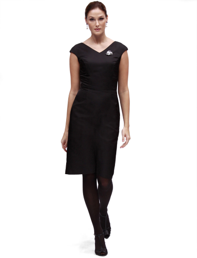 Silk satin. Plain front. Princess seams above waist.  Slight back v-neck. Fully lined in Bemberg.  Back zipper.  32" center back length. Dry clean.  Imported.