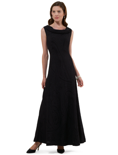 Elegant silhouette in textured silk jacquard woven in Italy. Gathered cowl neck. 56" center back length. Dry clean. Imported.