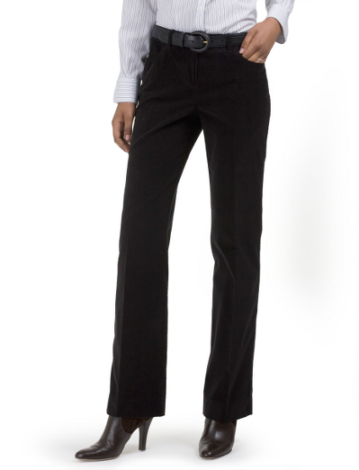 Cotton with a touch of  DOW XLA for stretch. Plain front with contoured waistband. Center front zipper. Finished regular hem. Front pockets. Waist closure is a hook and bar. 33" inseam. Machine wash. Imported.