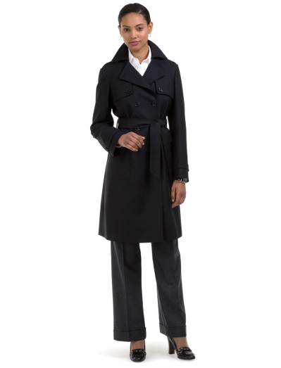 Feminine classic in Loro Piana� treated to resist water and wind. Fully lined in Bemberg. 39" center back length. Front patch pockets. Black corozo buttons. Self-belt and buckles at waist and cuffs. Epaulets at shoulders. Dry clean. Fabric woven in Italy.