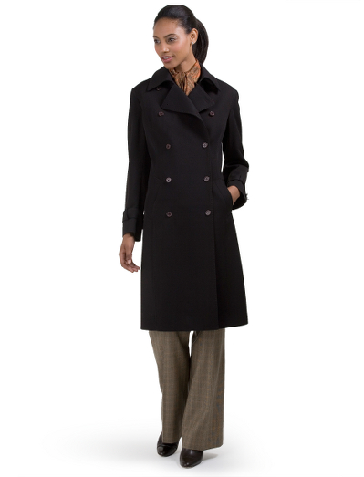 Classic trench in all-weather wool from Loro Piana�. Treated to resist water and wind. 41" center back length. Double-breasted. Genuine horn buttons with block logo. Fully lined in Bemberg. Front slant pockets. Self covered belt loops at waist. Cuff tab with leather buckle. Hook and eye closure at neck tab. Dry clean. Fabric woven in Italy. Imported.