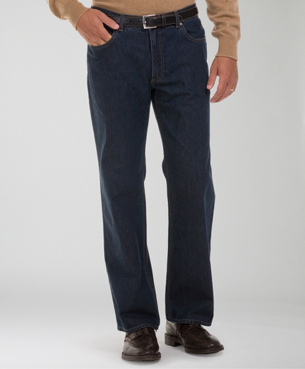 Made from pure Supima� cotton. Classic five-pocket denim styling. Relaxed fit. Vintage Brooks Brothers leather patch and pocket flasher. Washed herringbone pocketing and contrast interior red piping. Machine wash. Made in the USA.