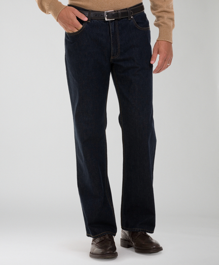 Relaxed fit denim-our most generous-fitting jeans with a full cut, relaxed through the hip and seat, sits just below the waist, and relaxed through the leg. Made from pure American Supima� cotton. Herringbone pocketing and contrast interior red piping. Vintage Brooks Brothers leather patch. Mache wash. Made in the USA.