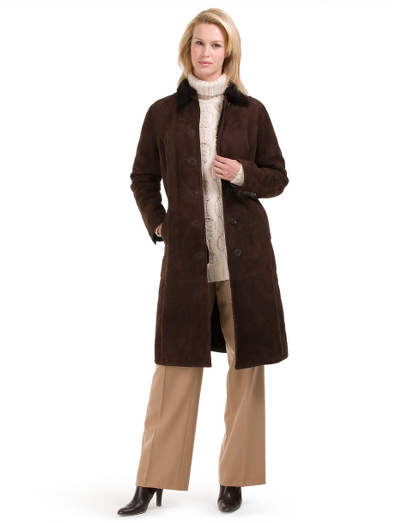 100% shearling. Brown horn buttons. 41" center back length. Professional clean. Imported.