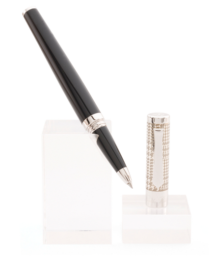 Elegant pen features a cap with an engraved plaid pattern. Fine-tip roller ball with black ink. Imported from Italy.