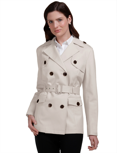 Cotton/Lycra blend. Faux horn button double-breasted front closure. Bemberg lining. Button-through flap pockets. Self fabric covered belt. Buckle at waist. Peak lapel. Water repellent. 27" length. Dry clean. Imported.