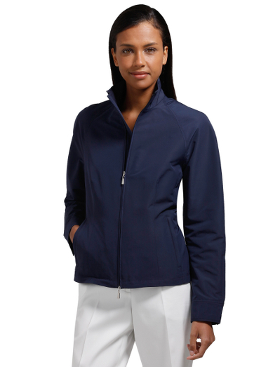 Polyester. Plain front . Center front zipper. Front on-seam zip closure pockets. Silver Country Club logo zipper pull and snap at cuff. Hidden zipper at cuff. White rubber Country Club logo patch at back exterior collar. 23" center back length. Dry clean. Imported.