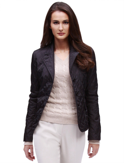 Polyester. Corozo button front closure. Fully lined in Bemberg. Front patch pockets. Quilted all-over argyle stitch detail. Lightweight polyester fill. Water-resistant. Dry clean. Imported.