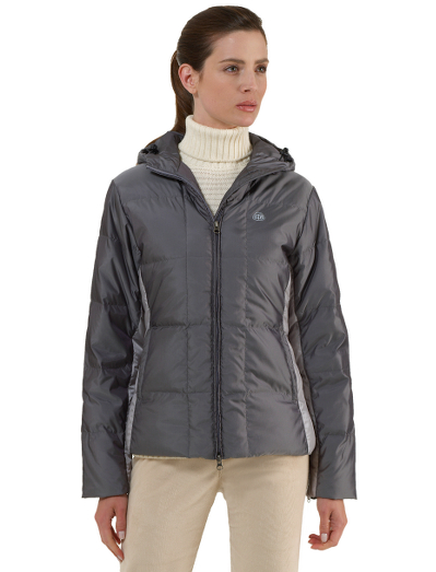 Warm, water-repellent shell with goose down fill. Two-way zip front closures at cuffs and side pockets. Nylon/polyester shell woven in Italy. 26" center back length. Machine wash. Imported.