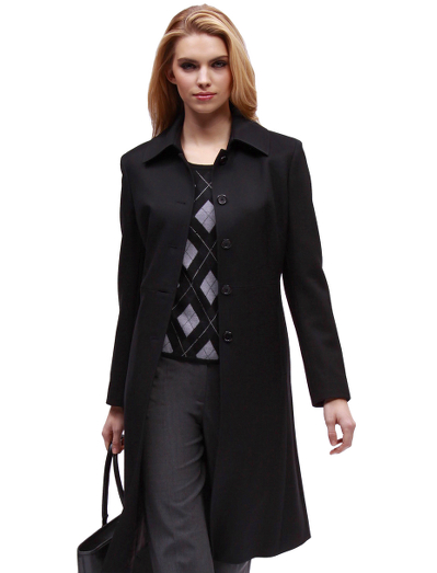 Wool twill with teflon coating. Corozo button front closure. Fully lined with Bemberg.  Front on-seam slant pockets.  Tapered at waist. Top stitch detailing.  41" center back length.  Fabric woven in Italy. Dry clean. Imported.