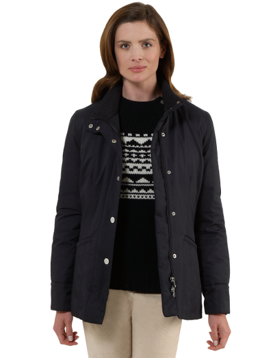 Water repellent polyester shell with goose down fill. Fabric woven in Italy. Two way zip front. Silver Country Club logo snaps on center front and cuffs. 27" center back length. Machine wash. Imported.