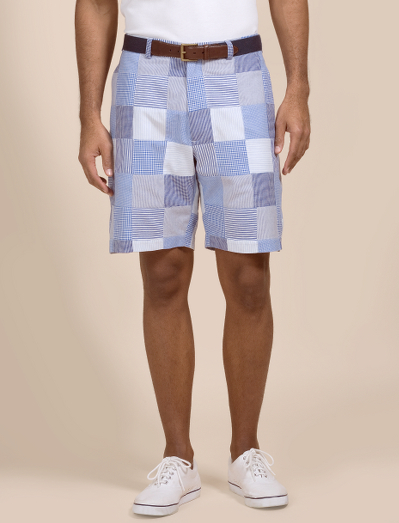 Lightweight cotton madras. Plain-front with on-seam pockets and back pockets. Alterable waistband with interior signature taping. Taped seams and back darts. Blue Oxford pocketing. Machine wash. Imported.